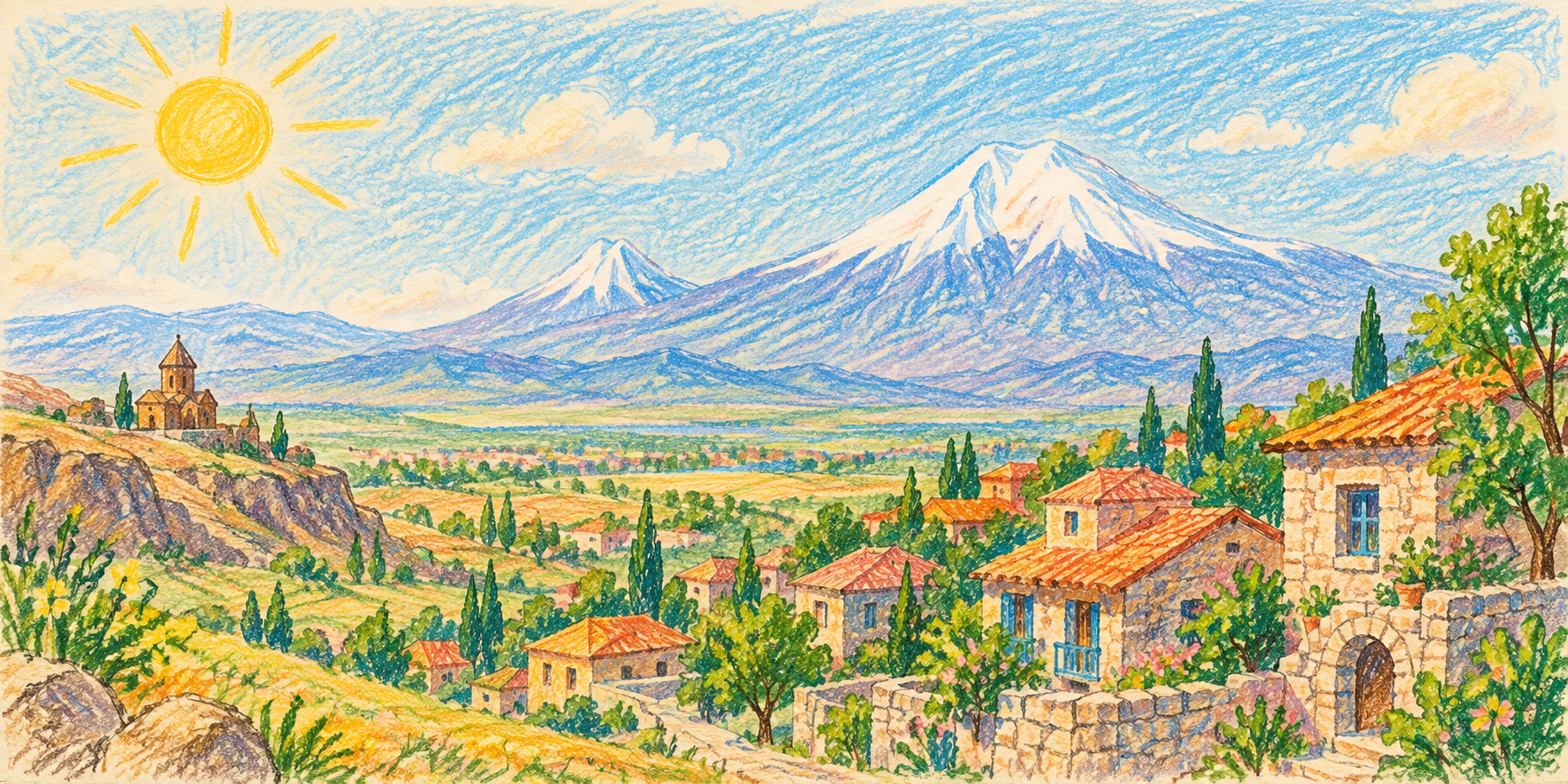 Детский рисунок домов, гор и Арарата